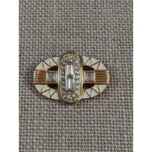 Vintage GIVENCHY Brooch Pin Art Deco Clear Rhinestones White Enamel Gold Tone